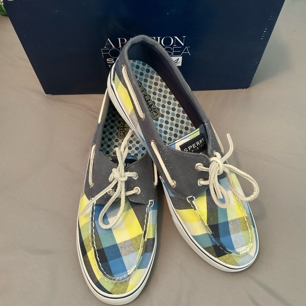 LOWEST Sperry Bahama Navy Yellow Plaid Shoes Sz 10M